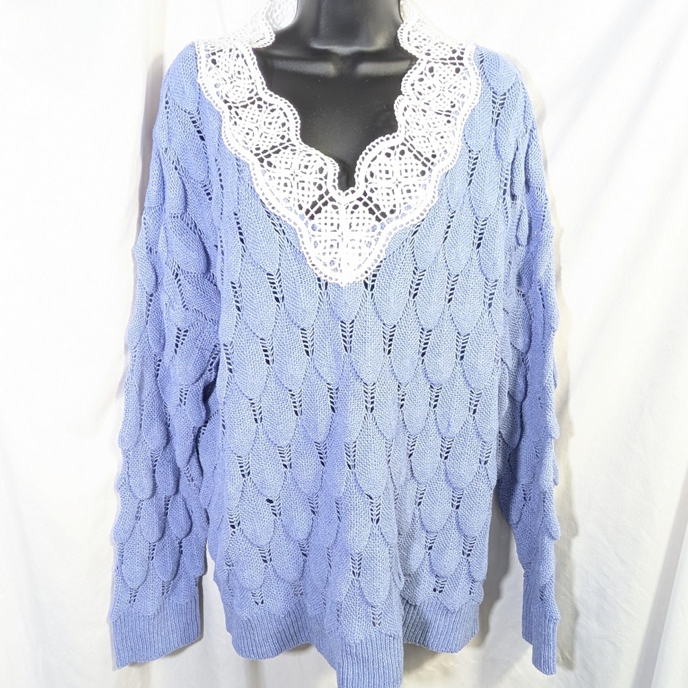 Misslook Women's Lightweight V-Neck Sweater Purple Cream Lace Costal Sz L